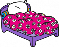 purple bed with fluffy pillow and pink daisy patterned duvet